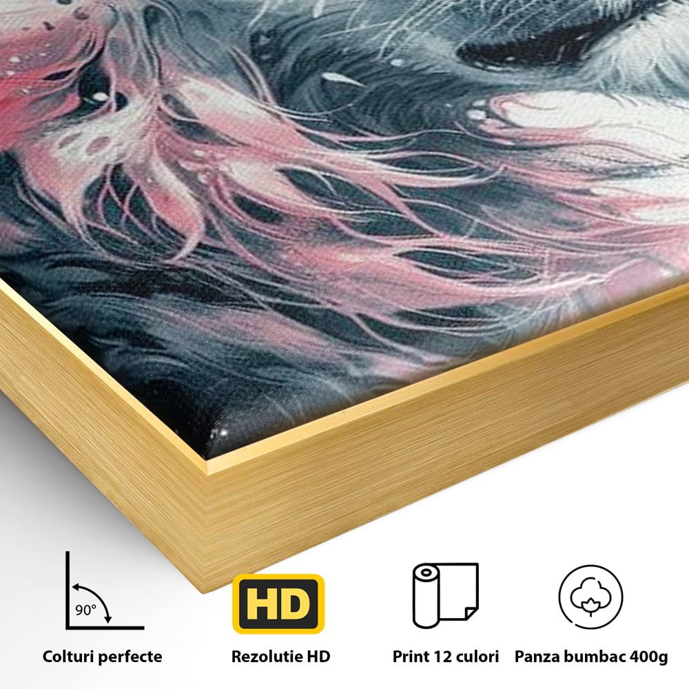Detaliu al suprafetei: tablou canvas cu leu in profil, in rama de aluminiu auriu
